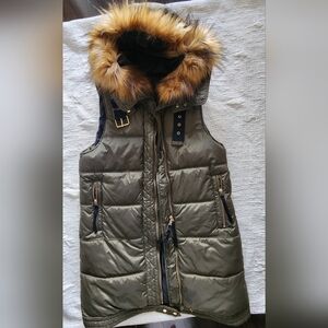 Zara Olive Puffer Vest with Faux Fur Hood